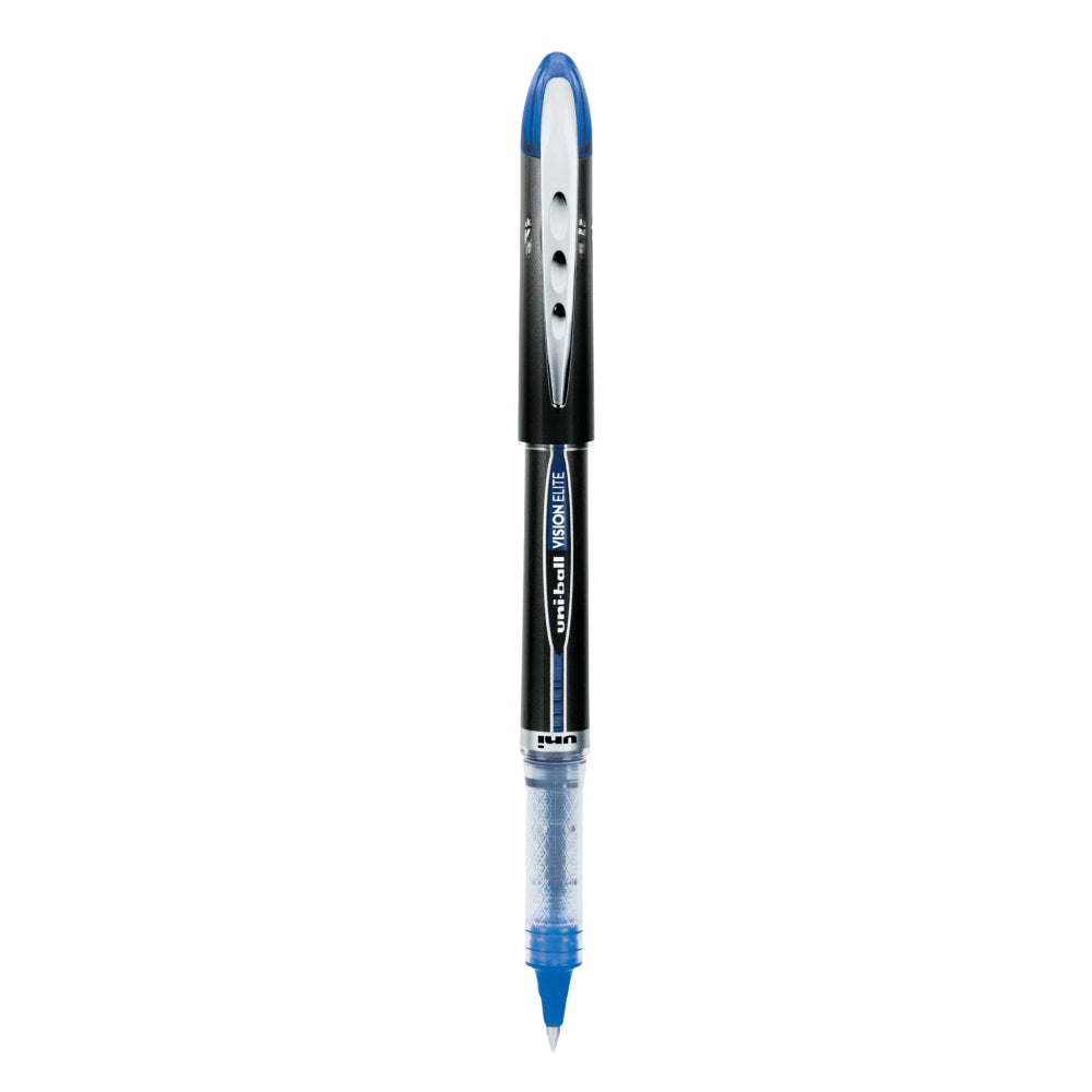 uni-ball Vision Elite Rollerball Pens, Ultra-Fine Point, 0.5 mm, Black Barrel, Blue Ink, Pack Of 12 Pens