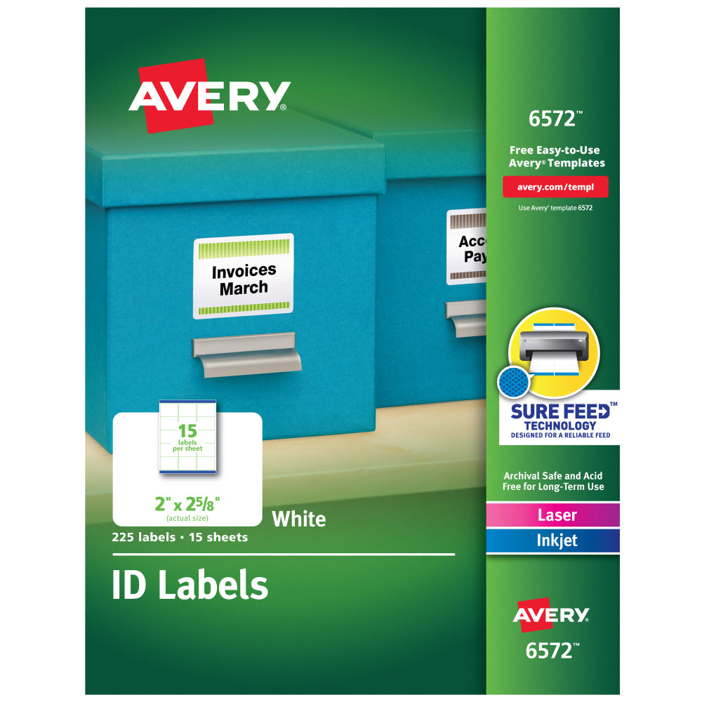 Avery Permanent ID Labels With Sure Feed Technology, 6572, Rectangle, 2in x 2-5/8in, White, Pack Of 225 Labels