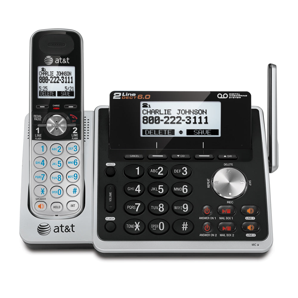 AT&T TL88102 DECT 6.0 Digital 2-Line Cordless Phone With Answering, Silver/Black