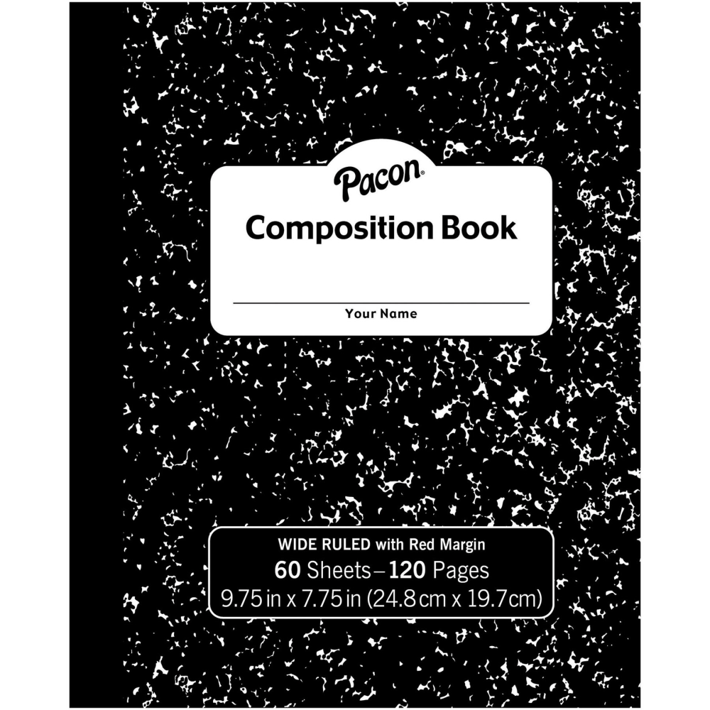 Pacon Composition Books, 9-3/4in x 7-3/4in, Wide Ruled, Black Marble, 60 Sheets, Pack Of 12 Books