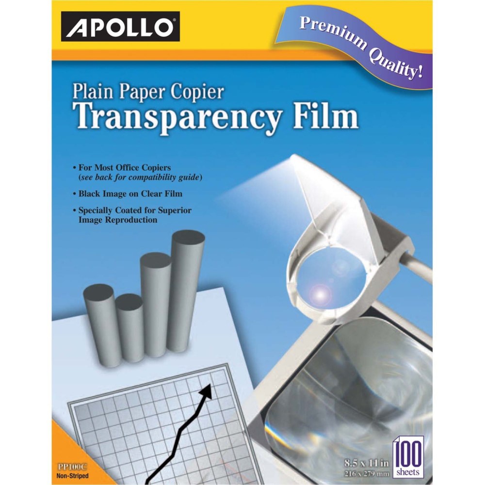 Apollo Plain Paper Copier Transparency Film, Black On Clear With Strip, Box Of 100 Sheets