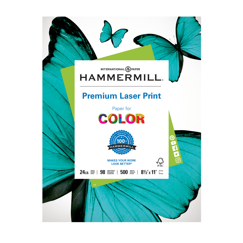 Hammermill Premium Laser Paper, White, Letter Size (8 1/2in x 11in), Ream Of 500 Sheets, , FSC Certified, 24 Lb, 98 Brightness