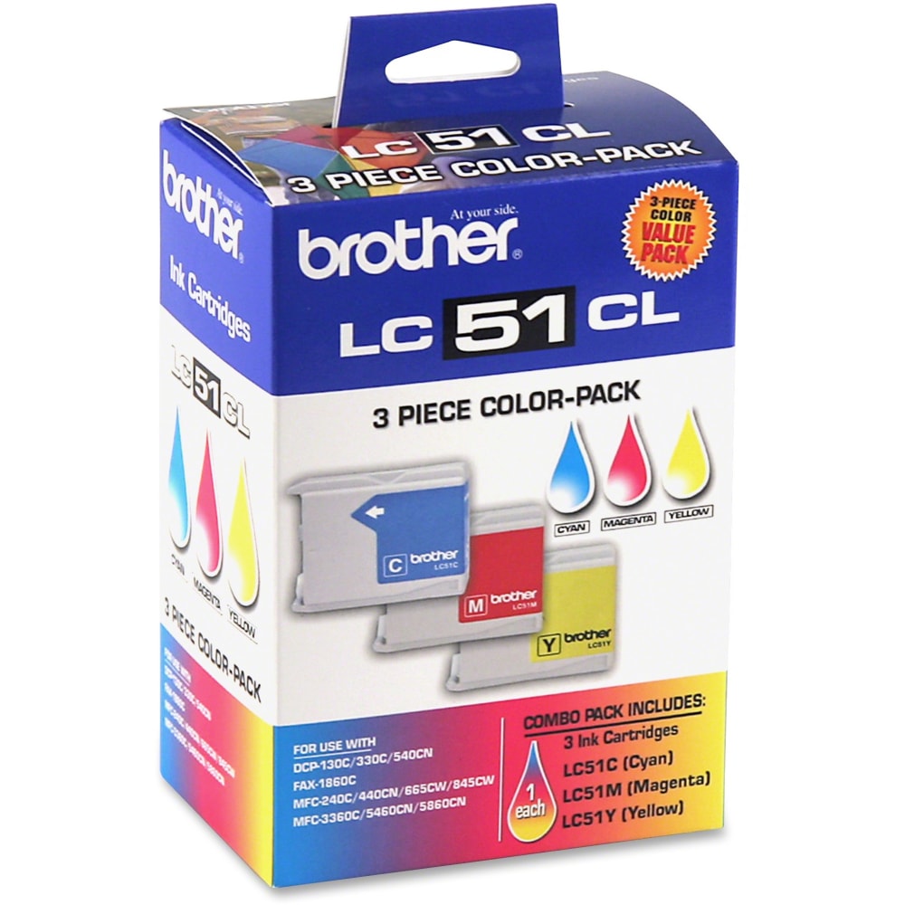 Brother LC51 Cyan, Magenta, Yellow Ink Cartridges, Pack Of 3, LC513PKS