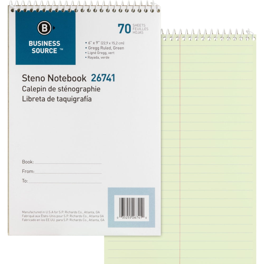 Business Source Steno Notebook - 70 Sheets - Wire Bound - Gregg Ruled Margin - 15 lb Basis Weight - 6in x 9in - Green Paper - Stiff-back - 1 Each