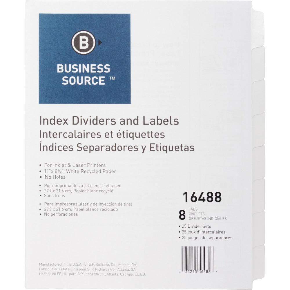 Business Source Unpunched Index Dividers Set - 8 Blank Tab(s) - 8.5in Divider Width x 11in Divider Length - Letter - White Tab(s) - 25 / Box