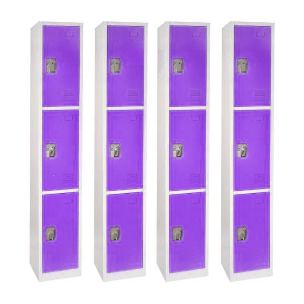 Alpine Large 3-Tier Steel Lockers, 72inH x 12inW x 12inD, Purple, Pack Of 4 Lockers