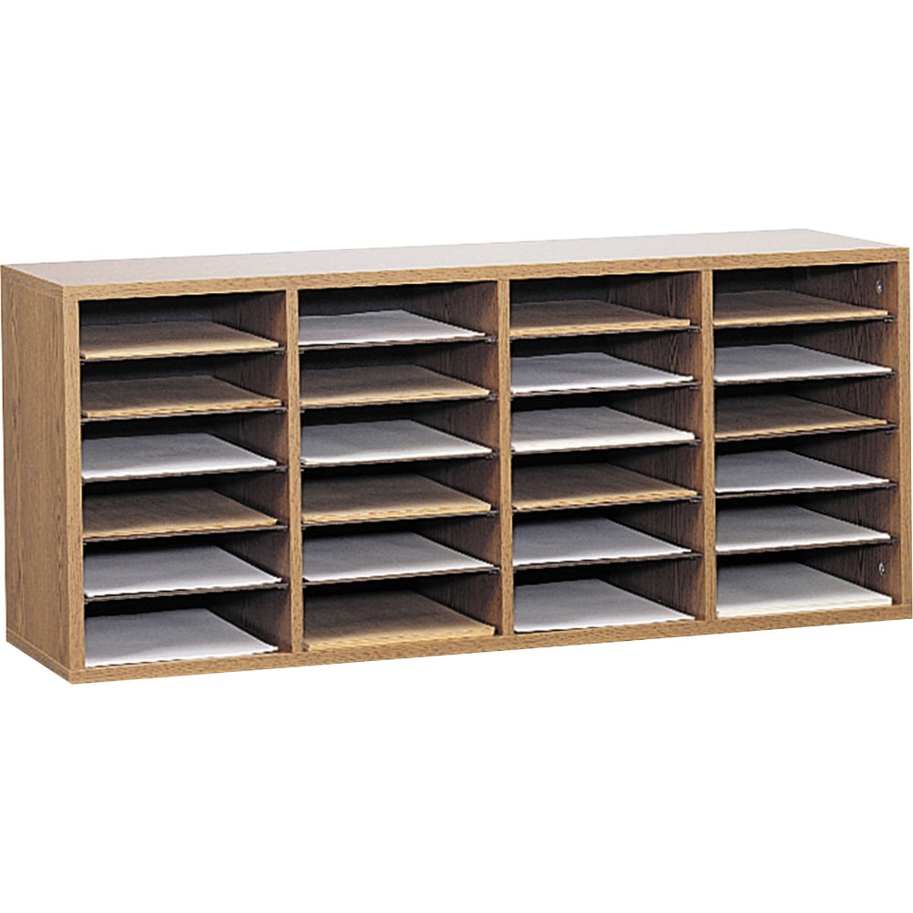 Safco Adjustable Wood Literature Organizer, 16 3/8inH x 39 3/8inW x 11 3/4inD, 24 Compartments, Oak