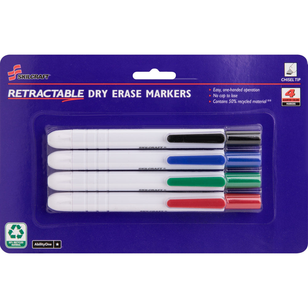 SKILCRAFT Retractable Chisel-Tip Dry-Erase Markers, Pack Of 4 (AbilityOne 7520-01-519-5769)