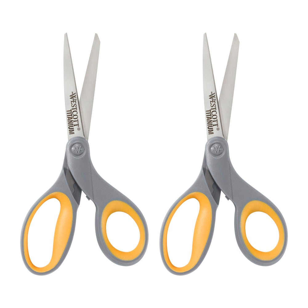 Westcott Titanium Bonded Scissors, 8in, Pointed, Gray/Yellow, Pack Of 2