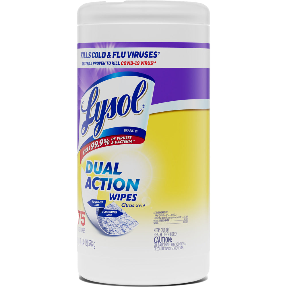 Lysol Dual-Action Disinfecting Wipes, Citrus Scent, 7in x 8in, Container Of 75