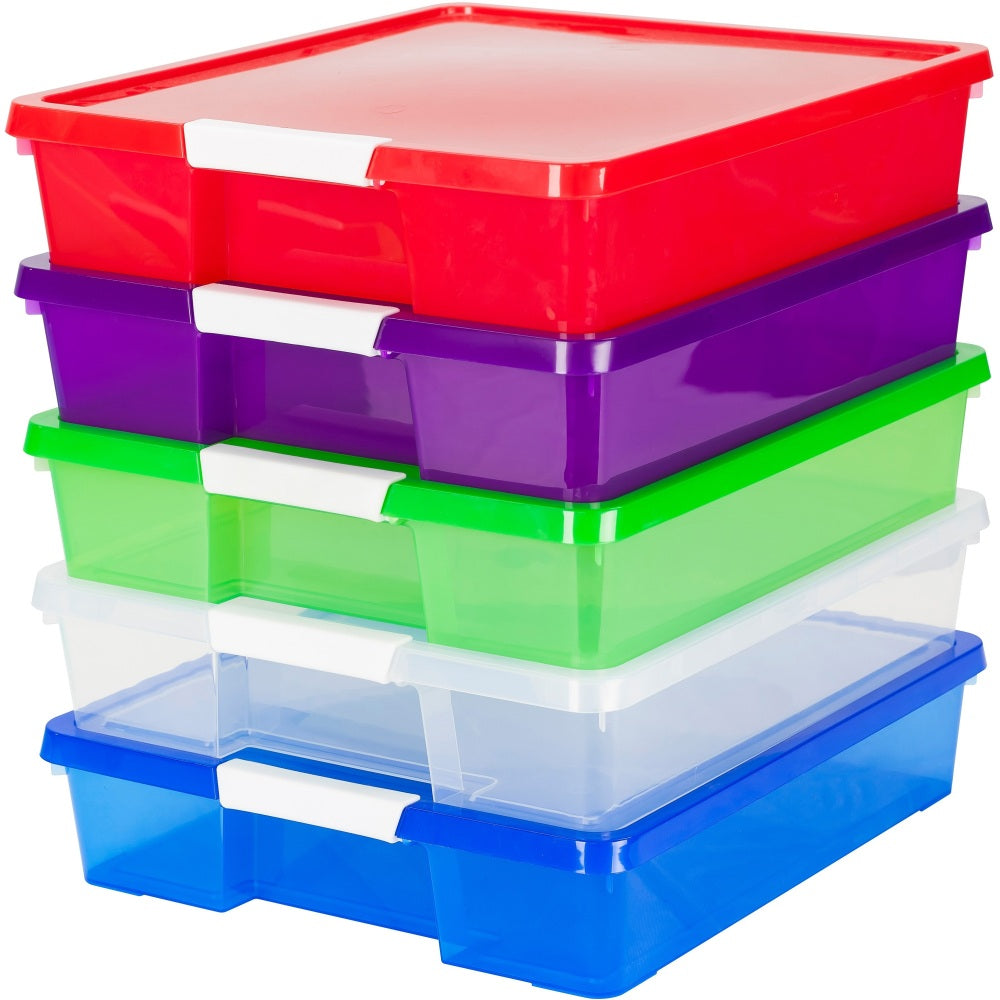 Storex Stackable Craft Boxes, Small Size, 3in x 14in x 14in, Assorted Bright, Carton Of 5