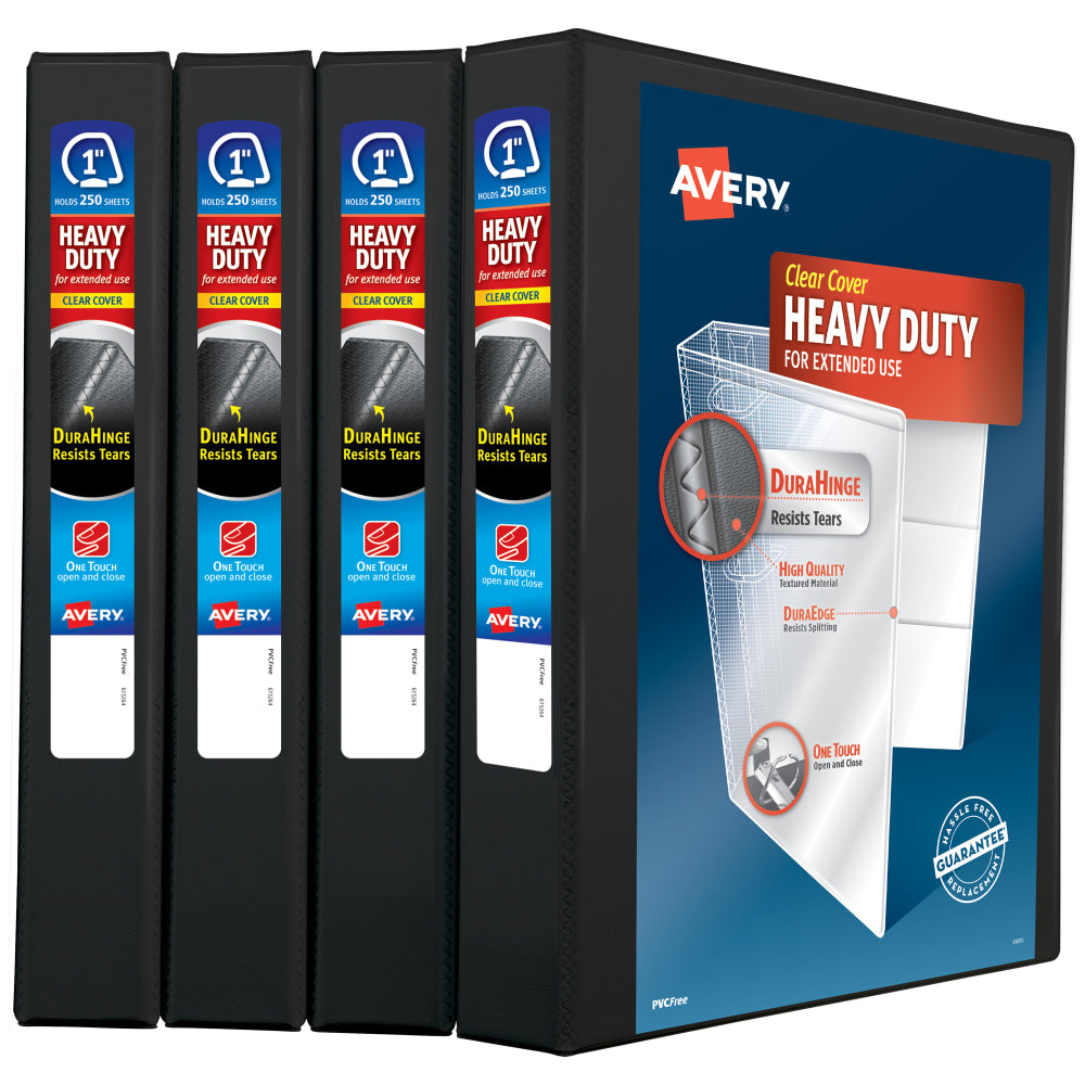 Avery Heavy-Duty View 3 Ring Binders, 1in One Touch Slant Rings, Black, Pack Of 4