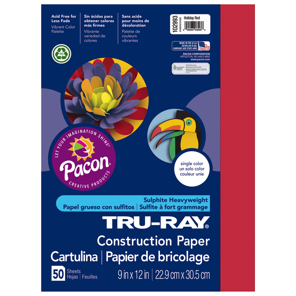 Tru-Ray Construction Paper, 50% Recycled, 9in x 12in, Holiday Red, Pack Of 50