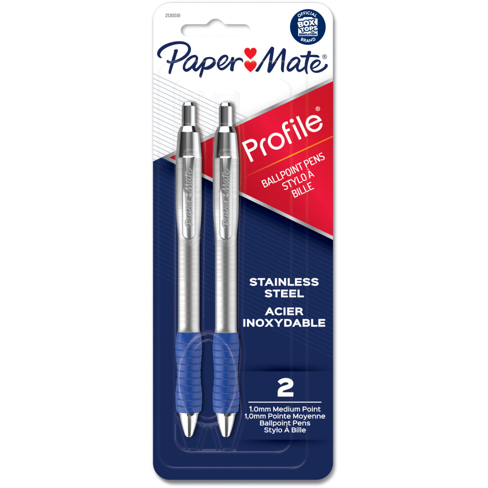 Paper Mate Profile Metal Barrel Ballpoint Pens, Medium Point, 1.0 mm, Silver Barrel, Blue Ink, Pack Of 2 Pens