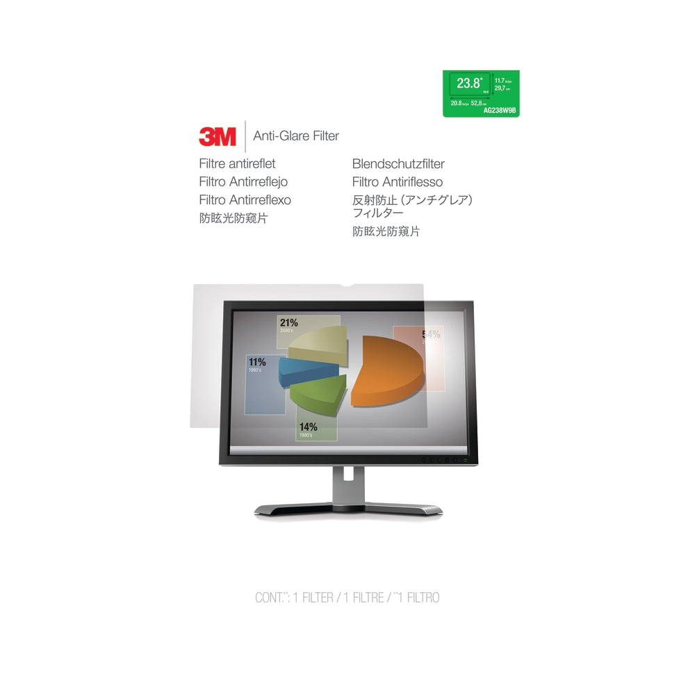 3M Anti-Glare Screen Filter for Monitors, 23.8in Widescreen (16:9), Reduces Blue Light, AG238W9B