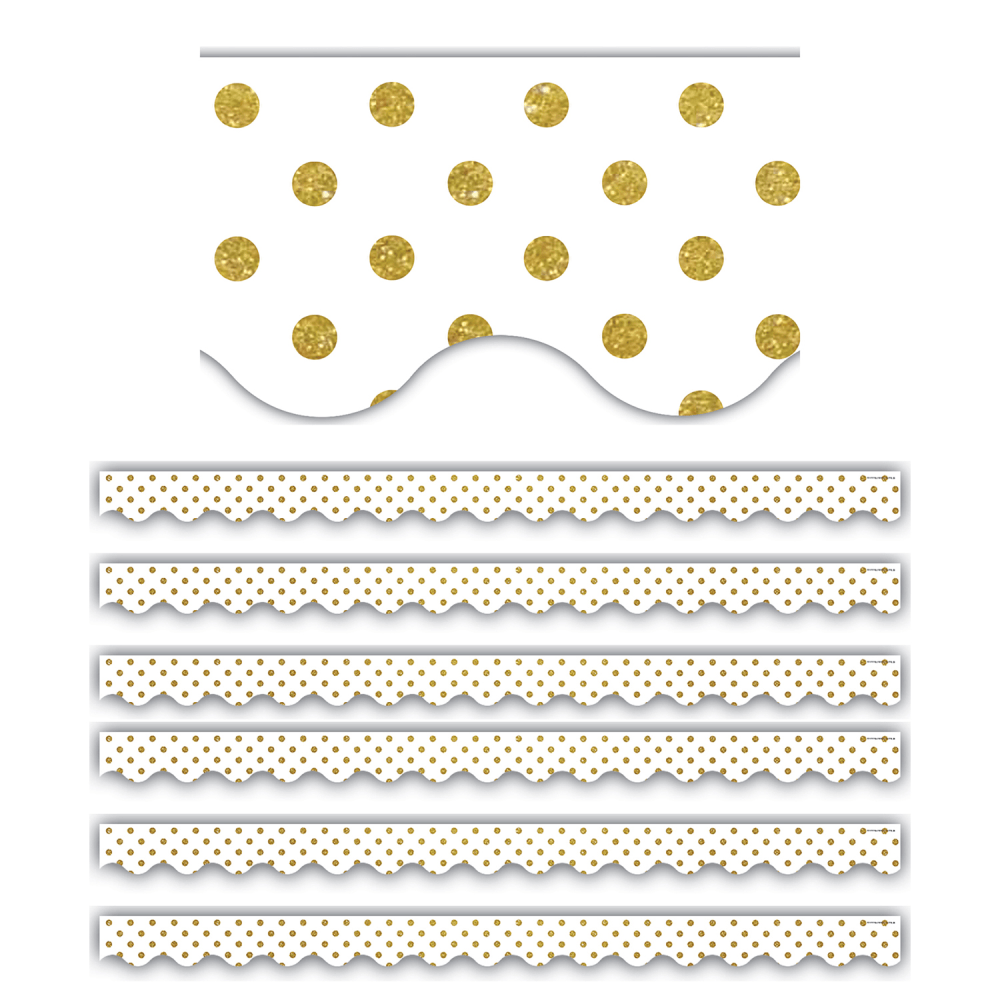 Teacher Created Resources Scalloped Border Trim, White/Gold Dots, 35ft Per Pack, Set Of 6 Packs