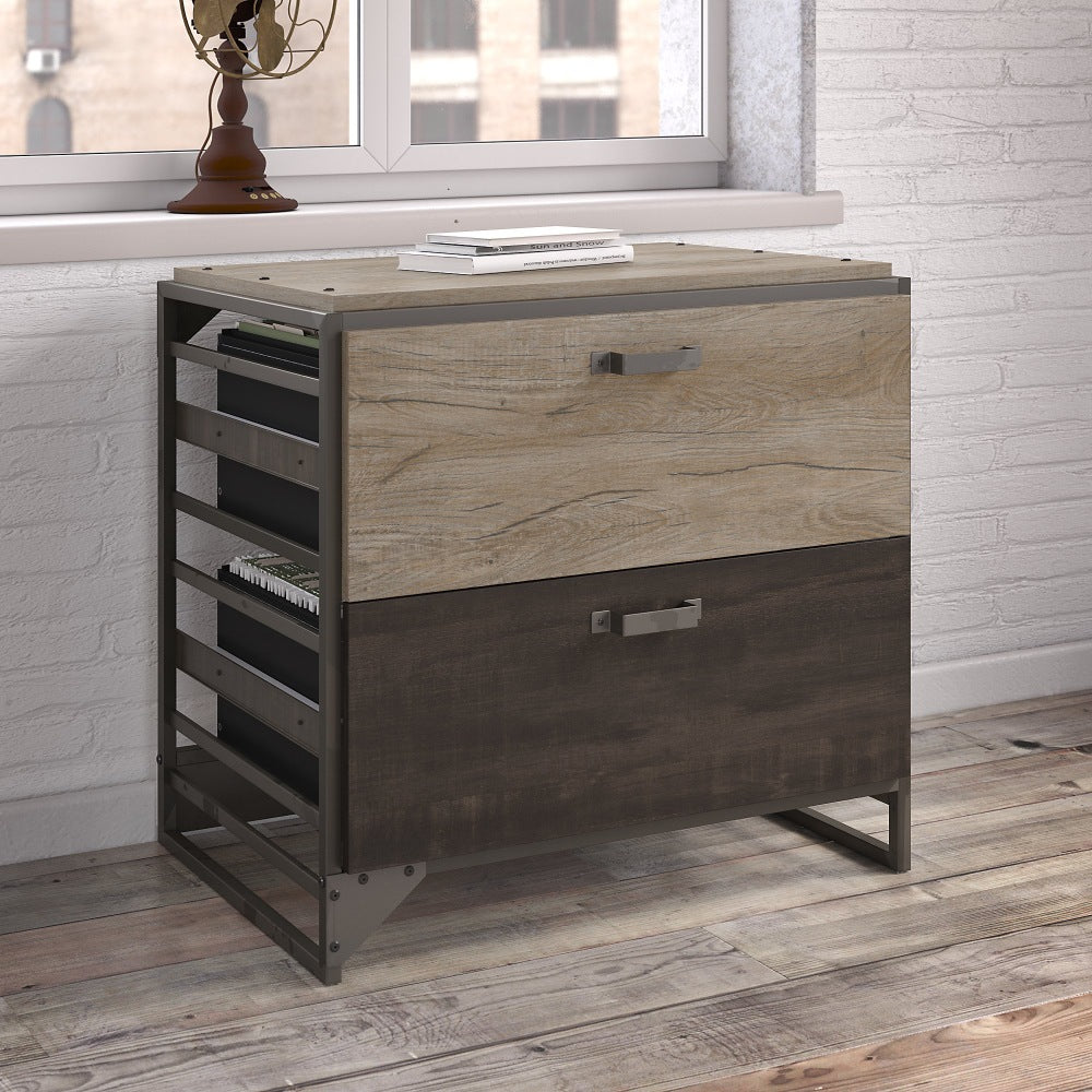 Bush Business Furniture Refinery 31-3/4inW x 22-1/5inD Lateral 2-Drawer File Cabinet, Rustic Gray/Charred Wood, Standard Delivery