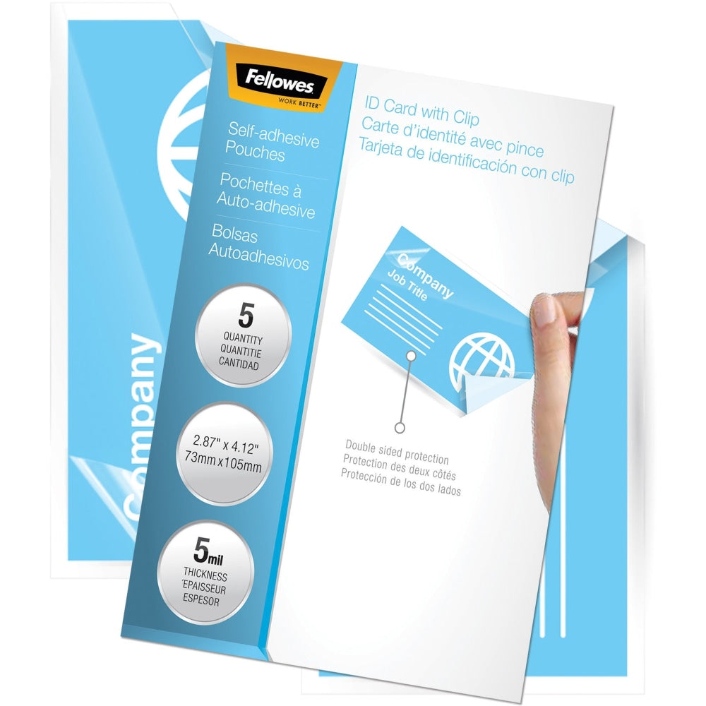 Fellowes Self-Adhesive Pouches - Business Card, 5mil, 5 pack - Laminating Pouch/Sheet Size: 3.88in Width x 5 mil Thickness - Type G - Glossy - for Document, Photo, Business Card - Self-adhesive, Durable - Clear - 5 Pack