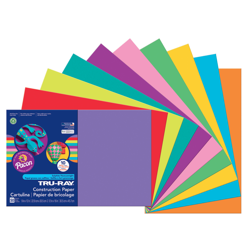 Tru-Ray Construction Paper, 50% Recycled, Assorted Colors, 12in x 18in, Pack Of 50 Sheets