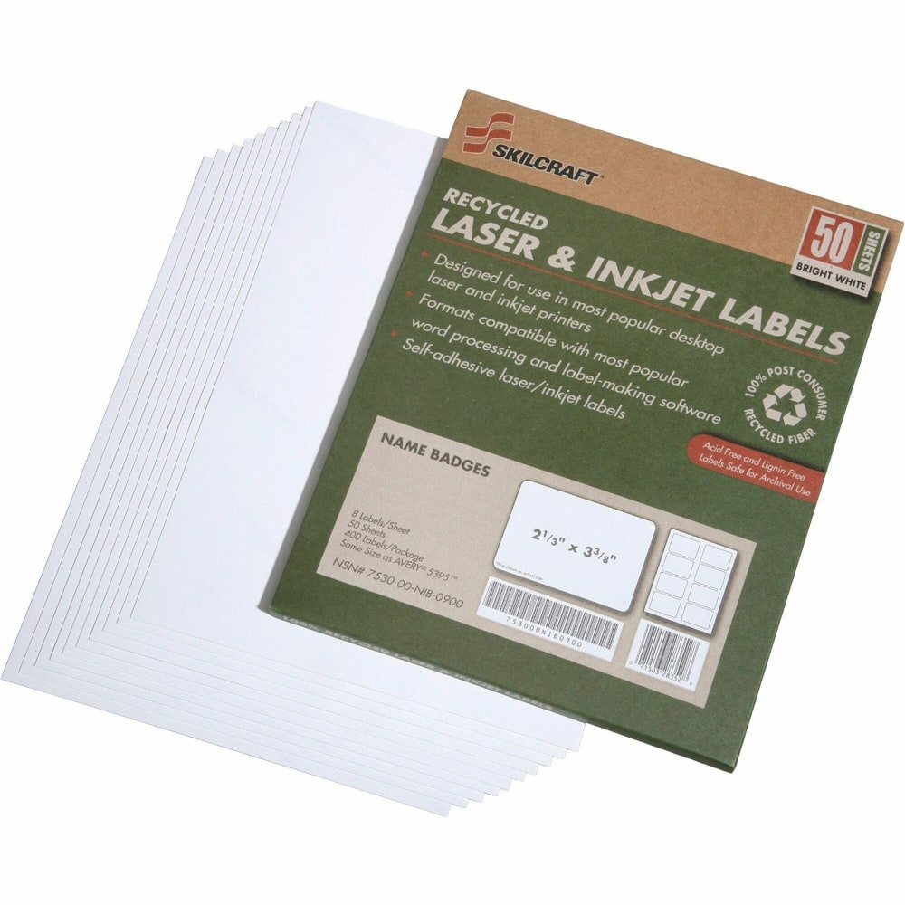 SKILCRAFT Laser/Inkjet Name Badge Labels, 2 1/3in x 3 3/8in, White, Pack Of 50 (AbilityOne 7530-01-578-9299)