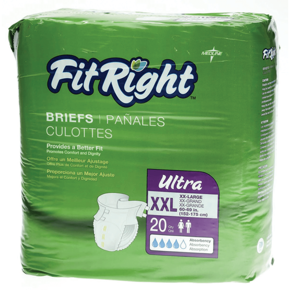 FitRight Ultra Briefs, XX-Large, 60 - 69in, Green, Bag Of 20