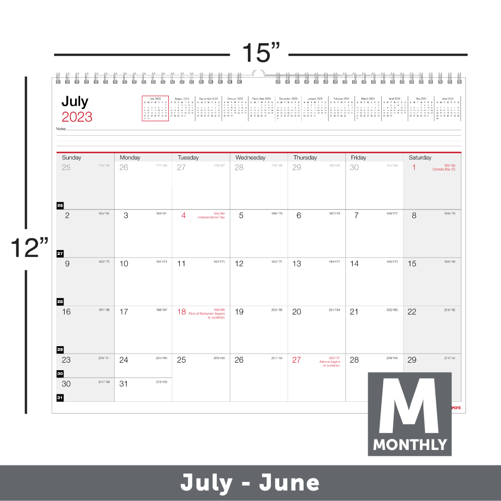 2023-2024 Office Depot Brand Monthly Academic Wall Calendar, 15in x 12in, 30% Recycled, July 2023 to June 2024