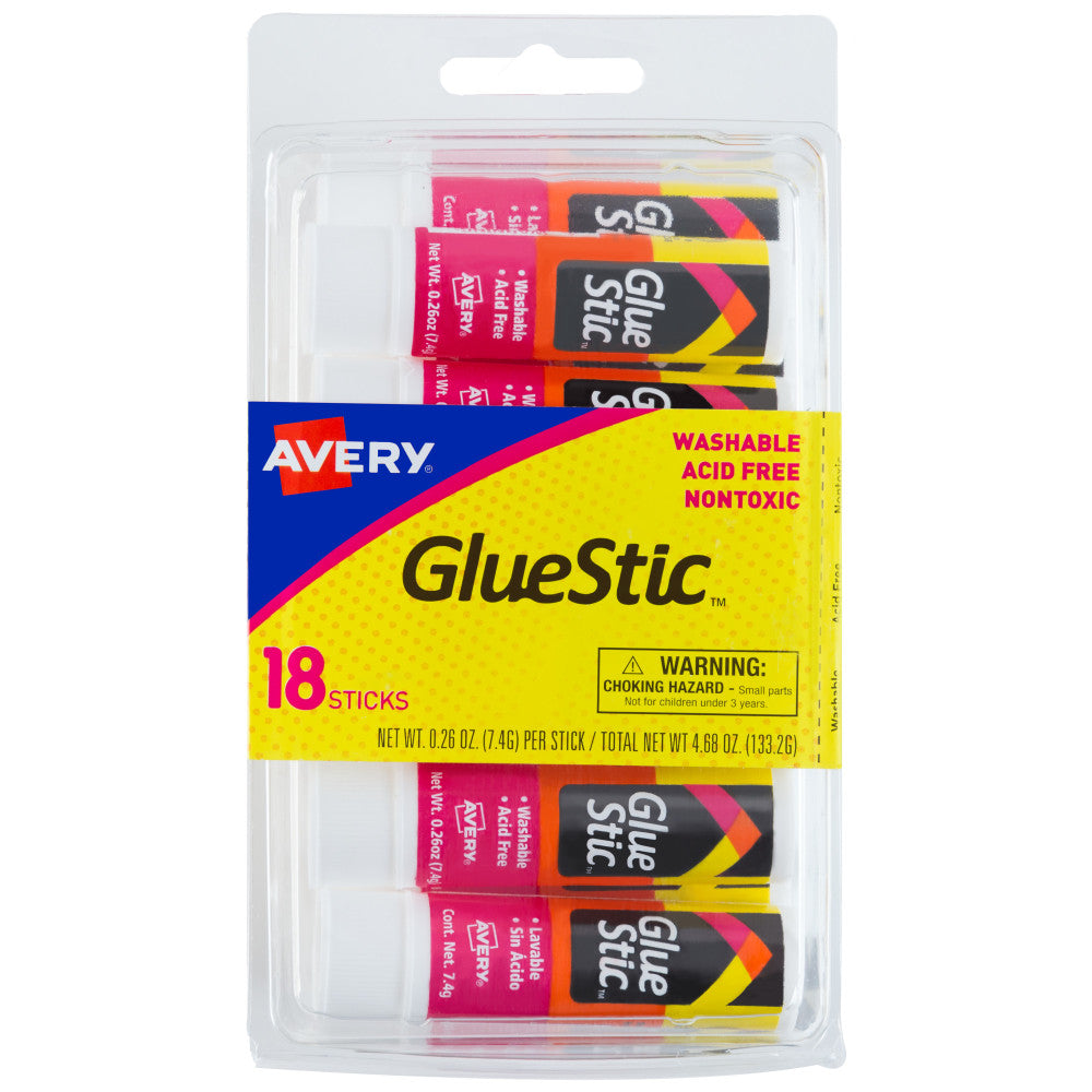 Avery Glue Stic Washable Non-Toxic Permanent Adhesive Glue Sticks, White, 0.26 Oz., Pack Of 18