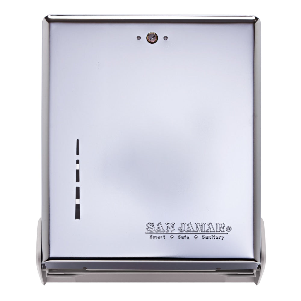 San Jamar True Fold Towel Dispenser - C Fold, Multifold Dispenser - 500 x Towel Multifold, 300 x Towel C Fold - 14.3in Height x 11.6in Width x 5in Depth - Metal, Plastic, Stainless Steel - Chrome - Key Lock, Touch-free, Impact Resistant, Break Resistant