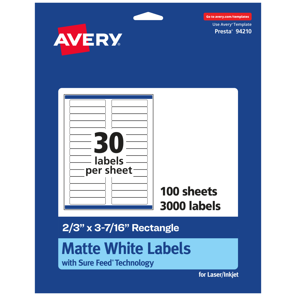 Avery Permanent Labels With Sure Feed, 94210-WMP100, Rectangle, 2/3in x 3-7/16in, White, Pack Of 3,000