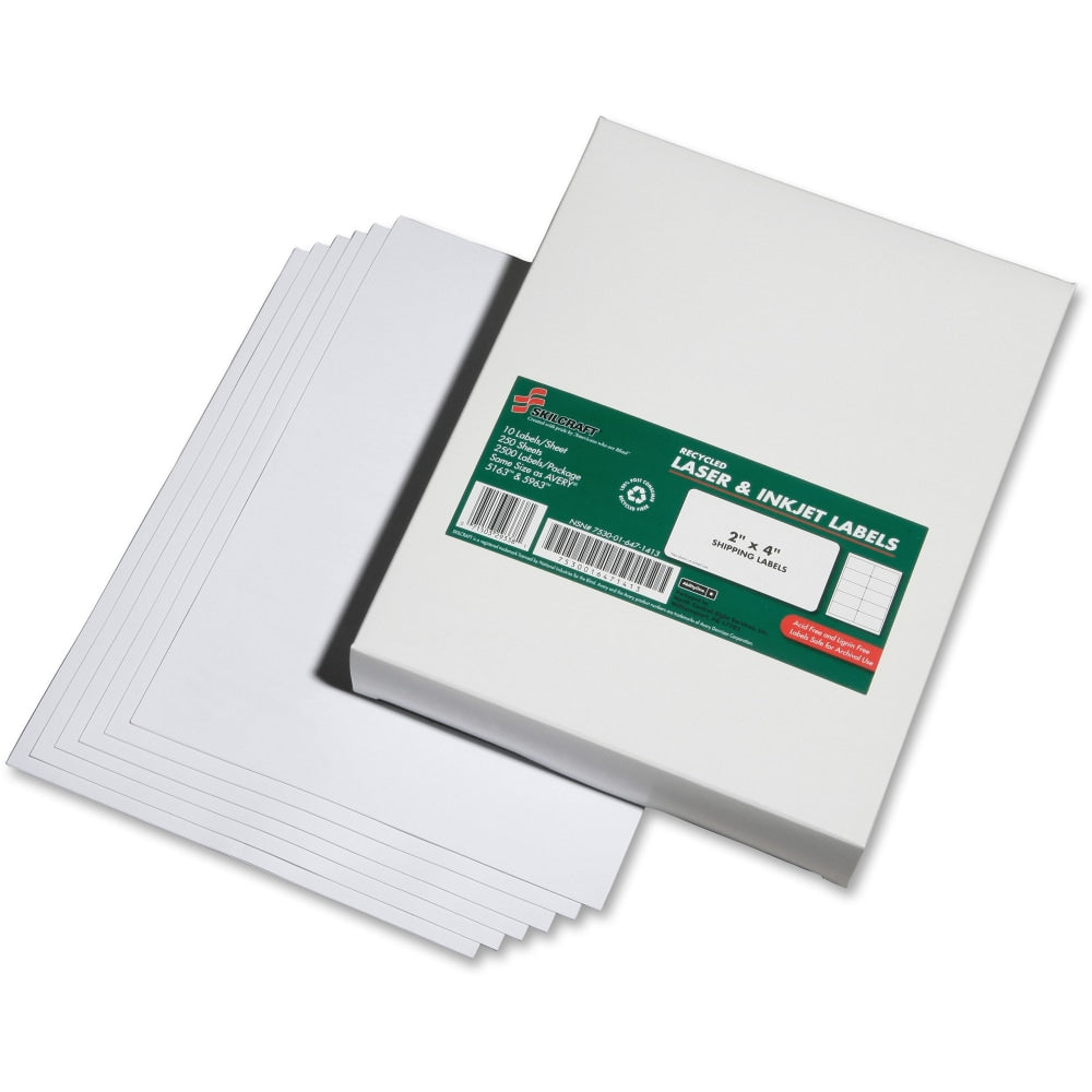 SKILCRAFT 100% Recycled Inkjet/Laser Address Labels, Rectangle, 2in x 4in, White, Box Of 2500 (AbilityOne 7530-01-647-1413)