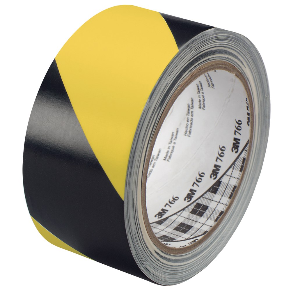 3M 766 Striped Vinyl Tape, 3in Core, 2in x 36 Yd., Black/Yellow, Case Of 2