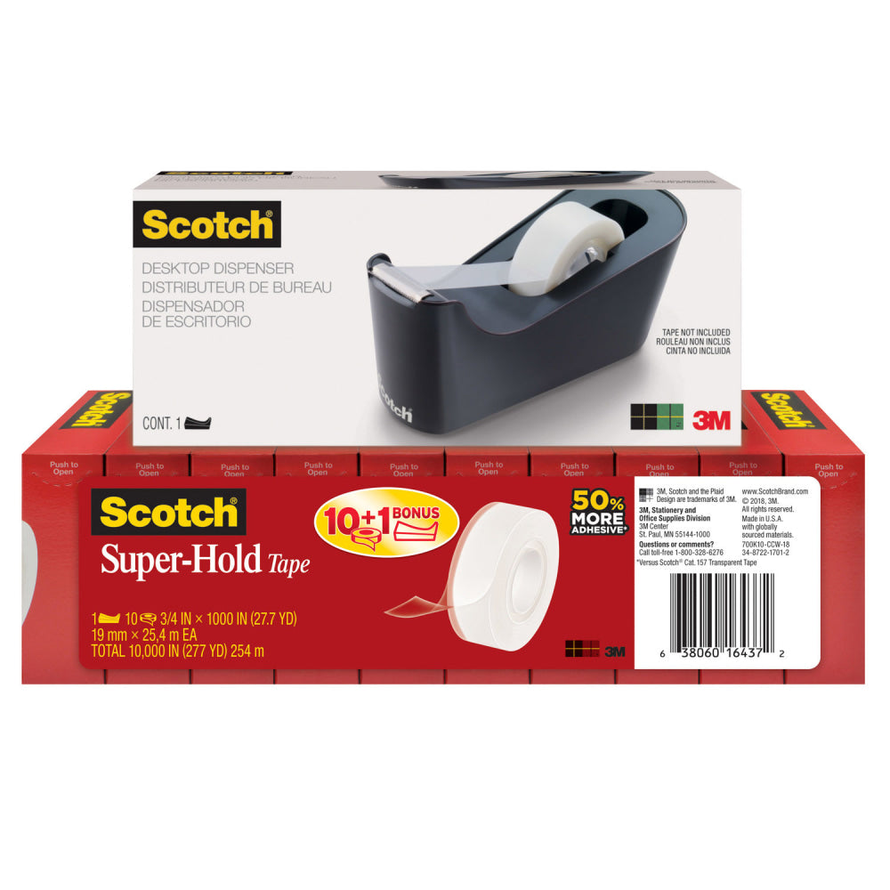 Scotch Super-Hold Tape, With C18 Desktop Dispenser, 3/4in x 1,000in, Clear, Pack Of 10 Rolls