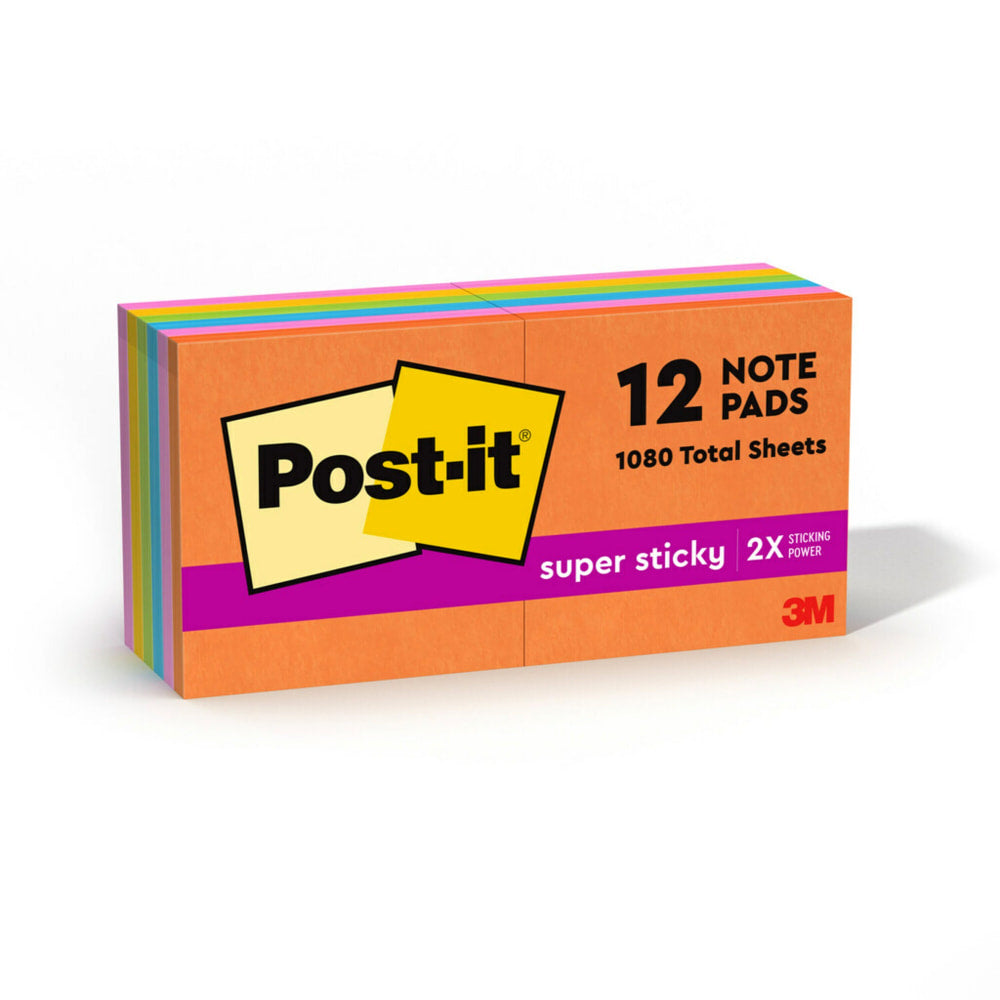 Post-it Super Sticky Notes, 3 in x 3 in, 12 Pads, 90 Sheets/Pad, 2x the Sticking Power, Energy Boost Collection