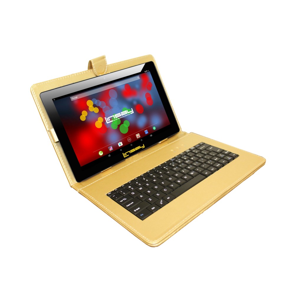 Linsay F10IPS Tablet, 10.1in Screen, 2GB Memory, 64GB Storage, Android 13, Golden Keyboard