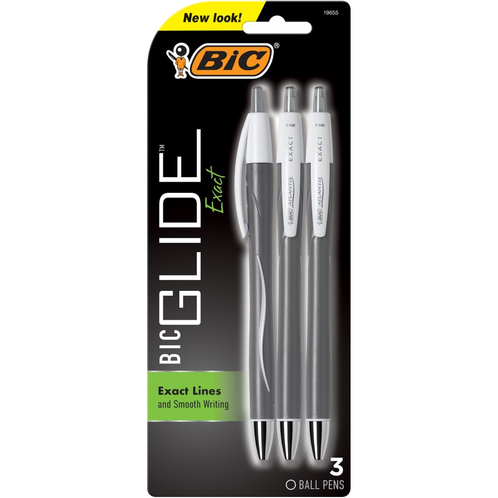 BIC Glide Exact Retractable Ballpoint Pens, Fine Point, 0.7 mm, Gray Barrel, Black Ink, Pack Of 3 Pens