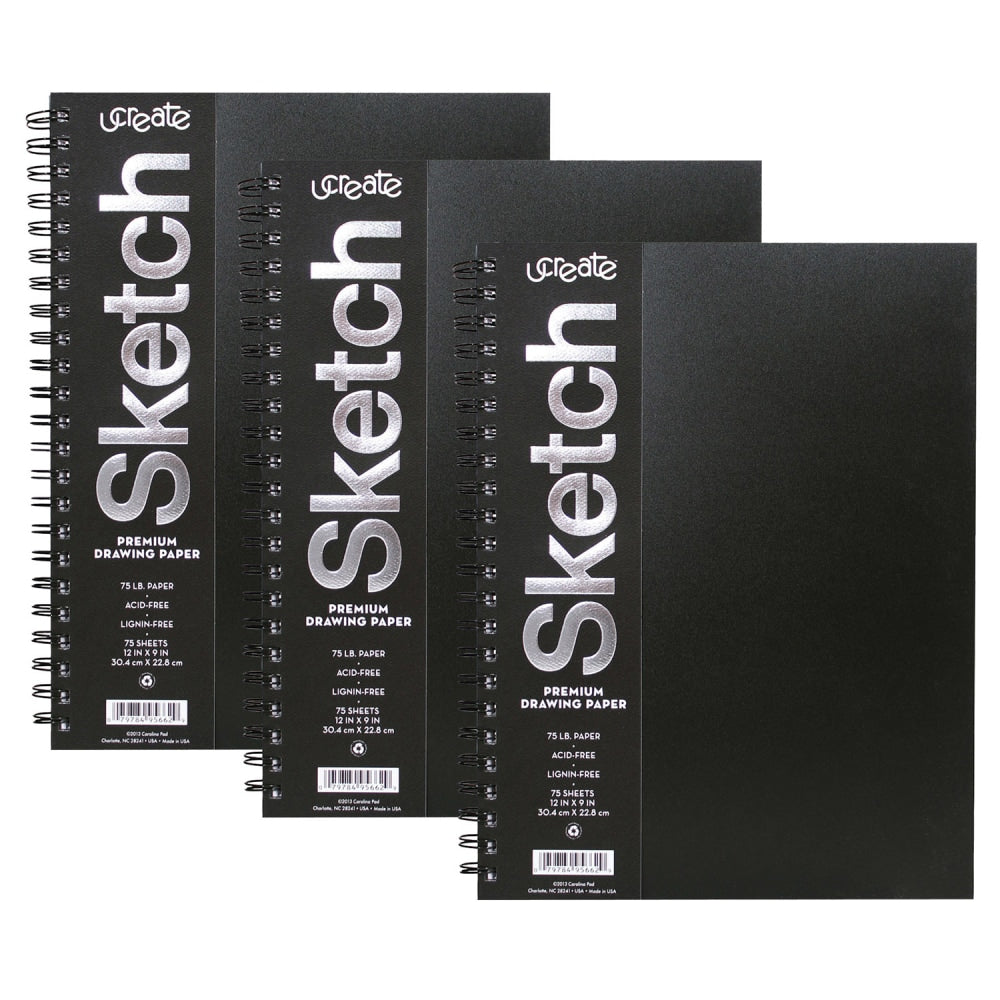 Pacon UCreate Poly Cover Sketch Books, 12in x 9in, 75 Sheets, Black, Pack Of 3 Books