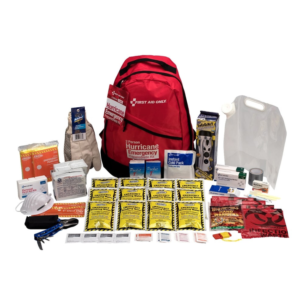 First Aid Only Emergency Preparedness Hurricane Backpack, 2 Person, Red, 54 Pieces