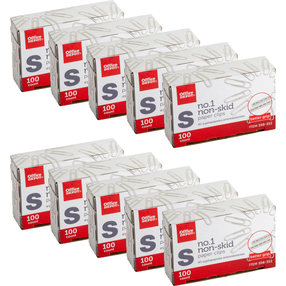 Office Depot Brand Non-Skid Paper Clips, No. 1, Small, Silver, Pack Of 10 Boxes, 100 Per Box, 1000 Total