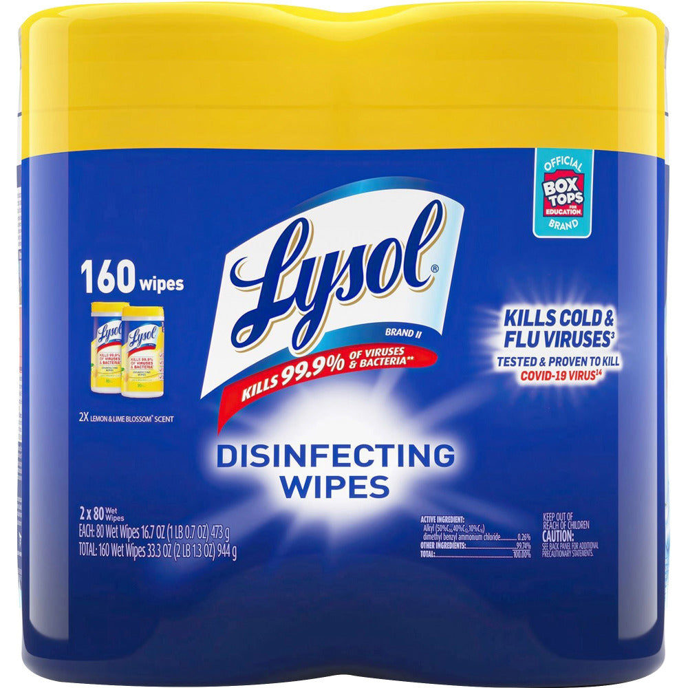 Lysol Disinfecting Wipes, Lemon & Lime Blossom Scent, 7in x 8in, 80 Sheets Per Canister, Case Of 2 Canisters