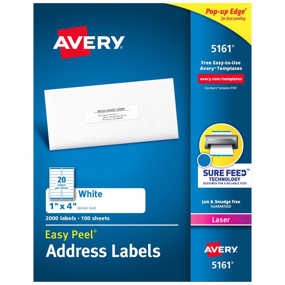 Avery Easy Peel Address Labels With Sure Feed Technology, 5161, Rectangle, 1in x 4in, White, Pack Of 2,000