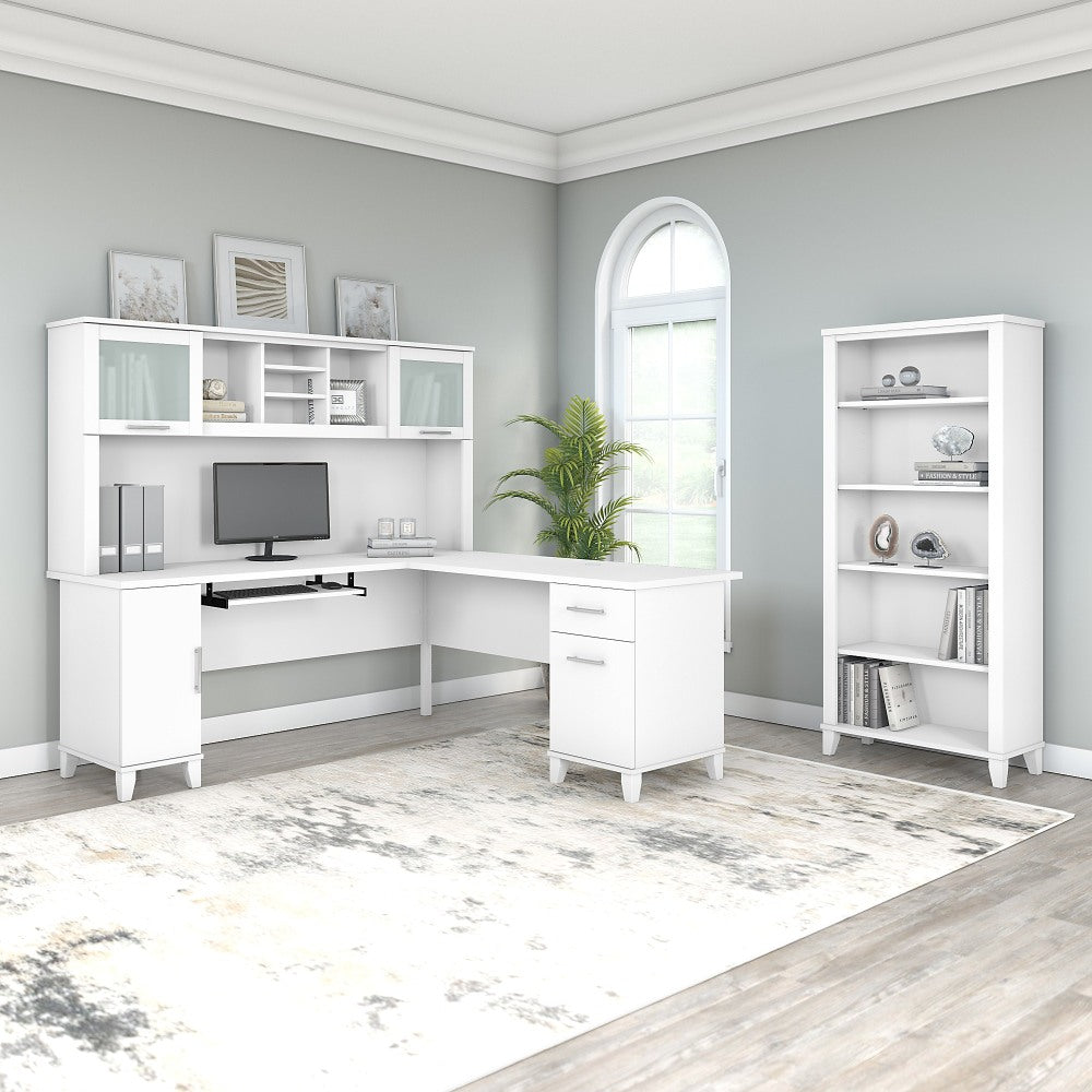 Bush Furniture Somerset 72inW L-Shaped Desk With Hutch And 5-Shelf Bookcase, White, Standard Delivery