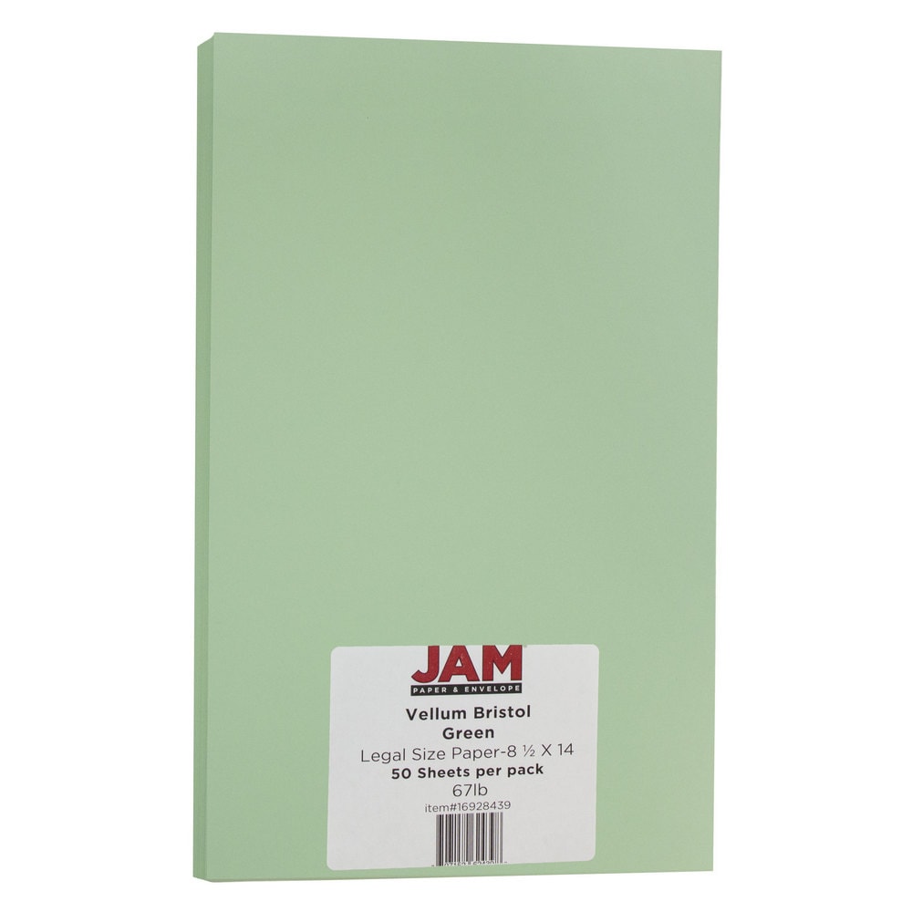 JAM Paper Card Stock, Vellum Bristol Green, Legal (8.5in x 14in), 67 Lb, Pack Of 50