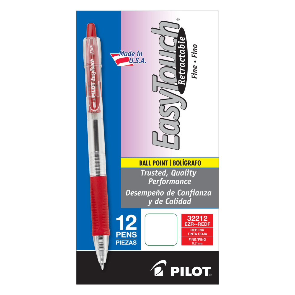 Pilot EasyTouch Retractable Ballpoint Pens, Fine Point, 0.7 mm, Clear Barrels, Red Ink, Pack Of 12