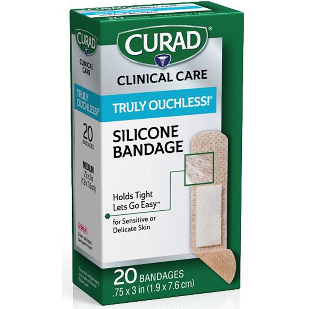 CURAD Truly Ouchless Self-Adhesive Bandage Strips, 3/4in x 3in, Beige, Pack Of 20