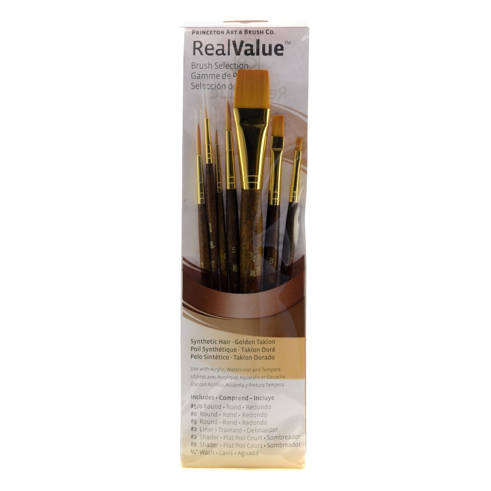 Princeton Real Value Short-Handled Brush Set Series 9141, Assorted Sizes, Synthetic, Brown, Set of 7