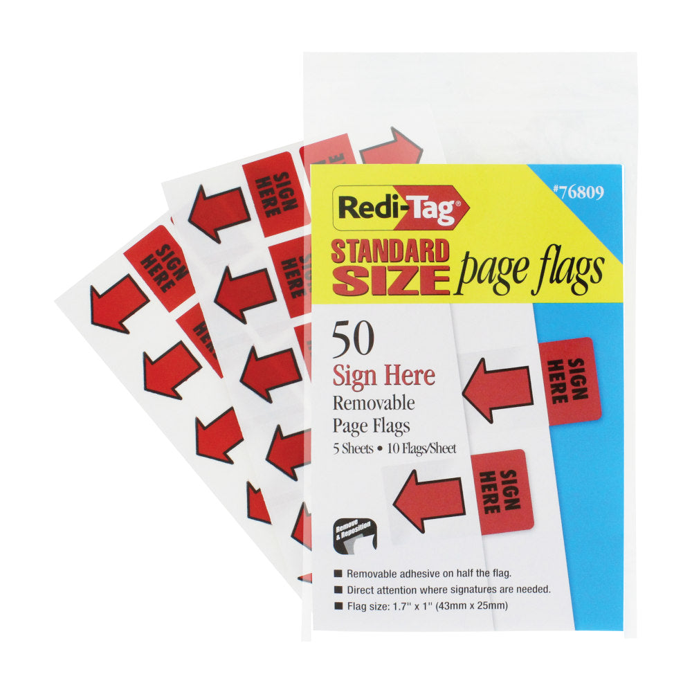 Redi-Tag Sign Here Red Arrow Page Flags - 50 - 1in x 1 11/16in - Rectangle - "SIGN HERE" - Red - Removable, Self-adhesive - 50 / Pack