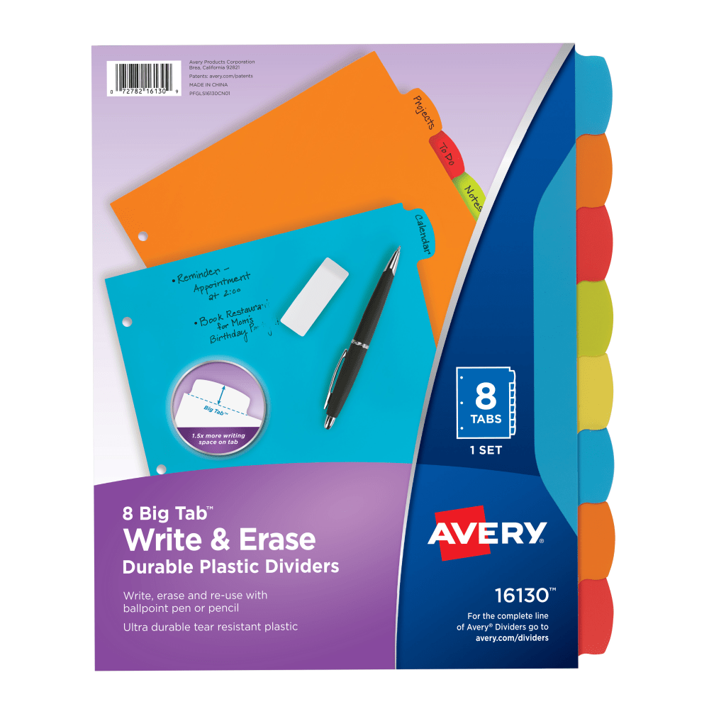 Avery Big Tab Write & Erase Durable Plastic Dividers, 8 1/2in x 11in, Multicolor Brights, 8-Tab