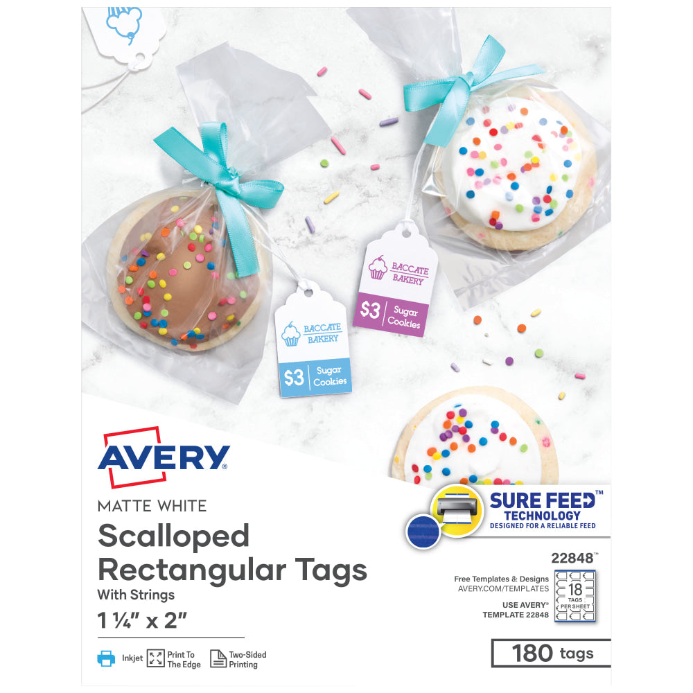 Avery Print-To-The-Edge Tags With Strings, Scalloped, 2in x 1/14in, White, Pack of 180