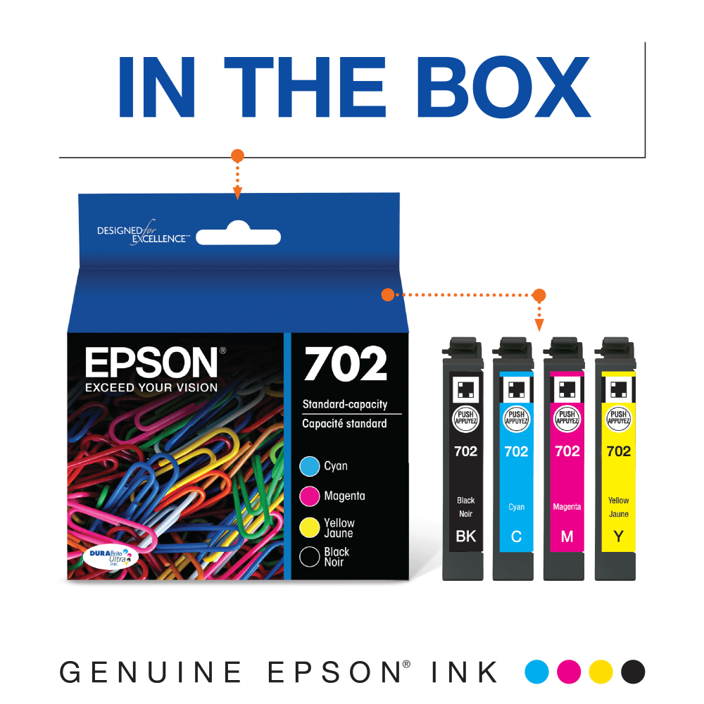 Epson 702 DuraBrite Ultra Black And Cyan, Magenta, Yellow Ink Cartridges, Pack Of 4, T702120-BCS