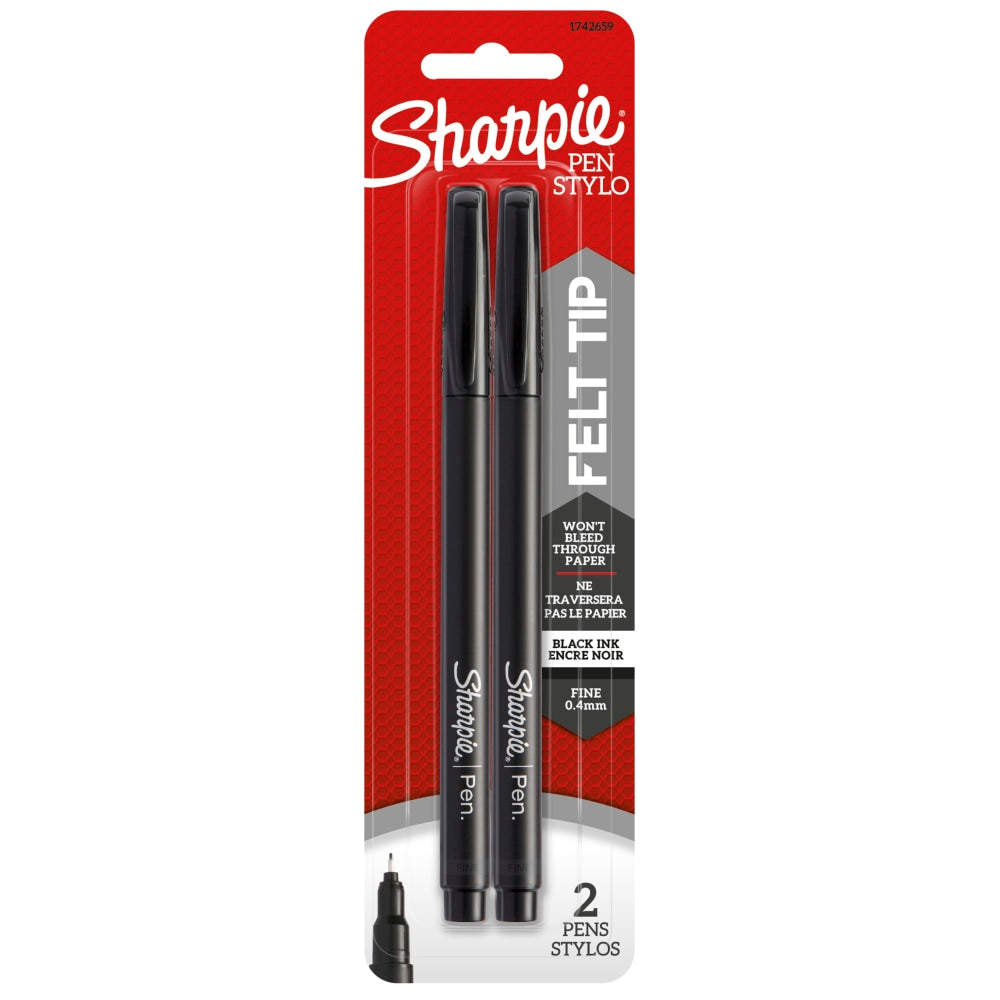 Sharpie Fine-Point Pens, Fine Point, 0.4 mm, Black Barrels, Black Ink, Pack Of 2